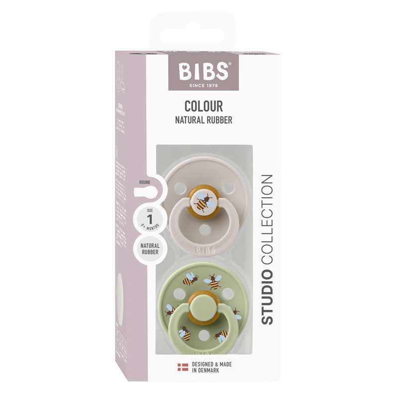 BIBS Rund Colour Napp - 2-pack - Stl. 1 - Naturgummi - Bumblebee Studio - Mushroom Mix