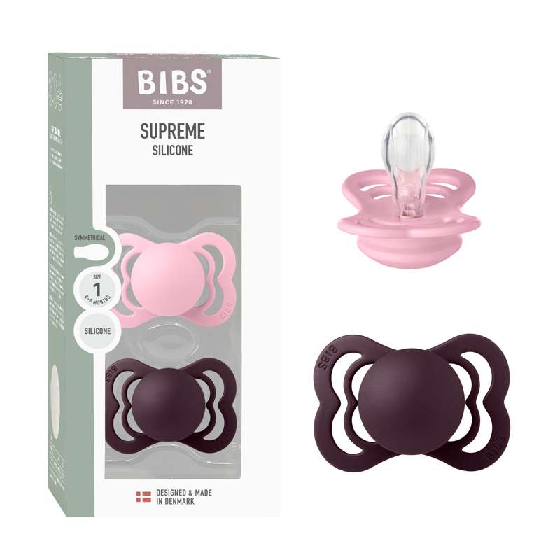 BIBS Symmetrisk Supreme Napp - 2-Pack - strl. 1 - Silikon - Babyrosa/Plommon 
