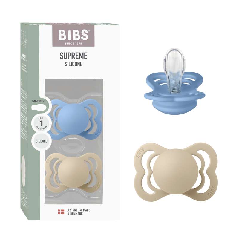 BIBS Symmetrisk Supreme Napp - 2-pack - strl. 1 - Silikon - Vanilj/Sky Blue 