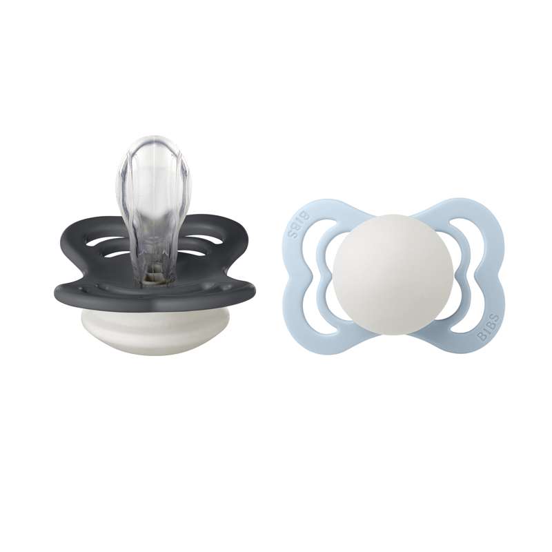 BIBS Symmetrisk Supreme-napp - 2-pack - strl. 1 - Silikon - GLOW - Iron/Baby Blue 