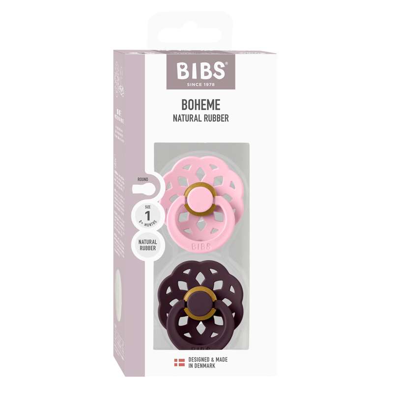 BIBS Rund Boheme Napp - 2-Pack - strl. 1 - naturgummi - Baby Pink/Plommon 
