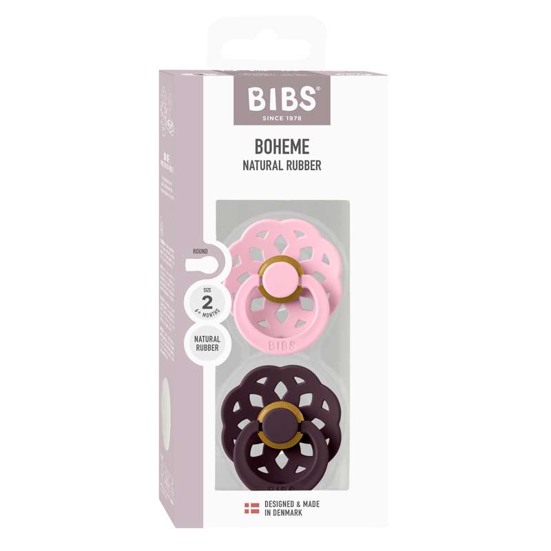BIBS Rund bohemisk napp - 2-pack - strl. 2 - naturgummi - Babyrosa/Plommon 