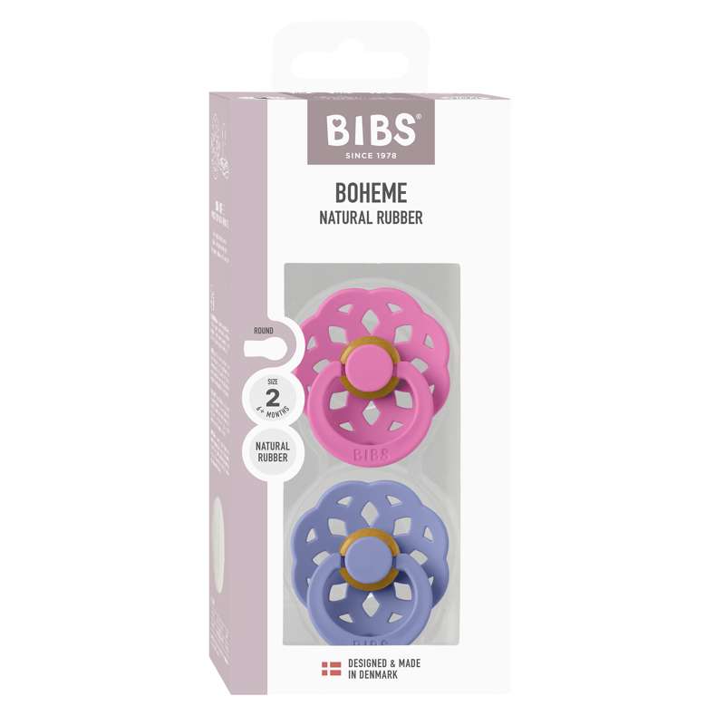 BIBS Rund bohemnapp - 2-pack - strl. 2 - naturgummi - Bubblegum/Peri 