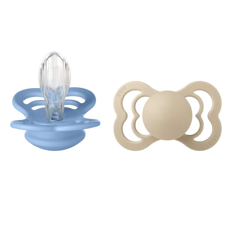 BIBS Symmetrisk Supreme-napp - 2-pack - strl. 2 - Silikon - Vanilla/Sky Blue 