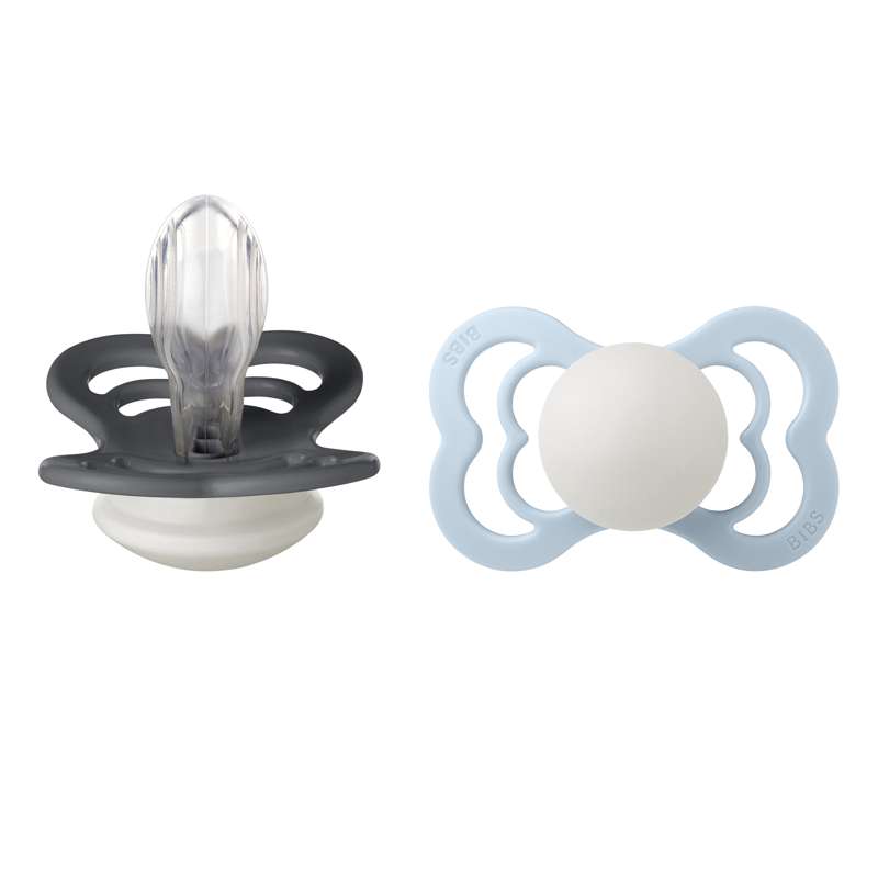 BIBS Symmetrisk Supreme-napp - 2-pack - strl. 2 - Silikon - GLOW - Iron/Baby Blue 