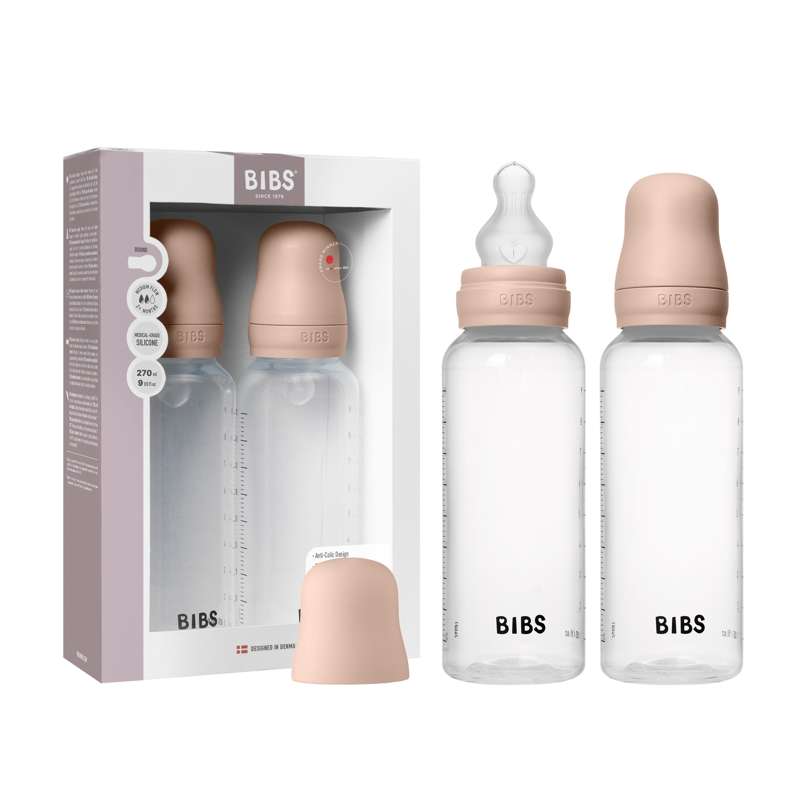BIBS Flaska - nappflasksset - plast - 2-pack - silikon/mediumflöde/rund - 270 ml - blush 