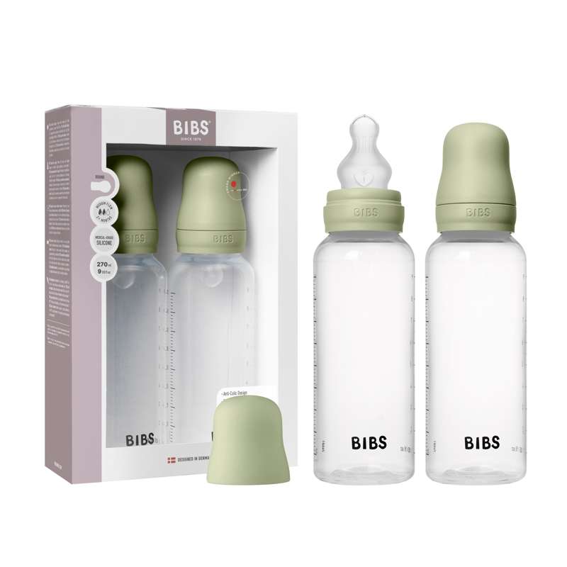 BIBS Bottle - Flaskset för nappflaskor - Plast - 2-pack - Silikon/Mediumflöde/Rund - 270ml - Sage 