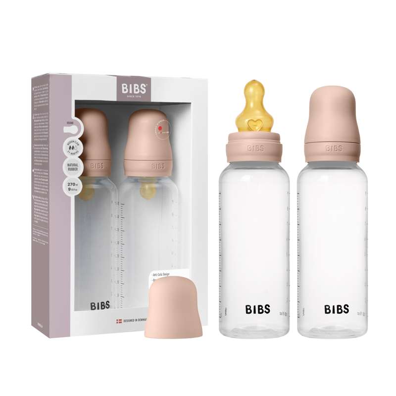 BIBS Bottle - Nappflaskeset - Plast - 2-pack - naturgummi/Medium Flow/Rund - 270ml - Blush 