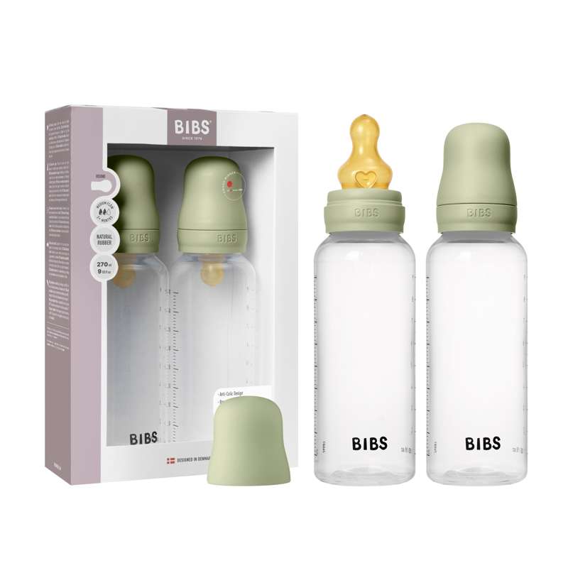 BIBS Bottle - Flaskset för nappflaska - Plast - 2-pack - naturgummi/Medium Flow/Rund - 270ml - Sage 