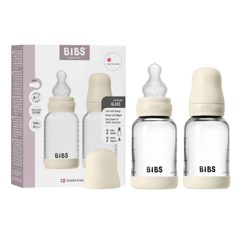 BIBS Bottle - Nappflaskeset - Glas - 2-pack - Silikon/Slow Flow/Rund - 120ml - Ivory 