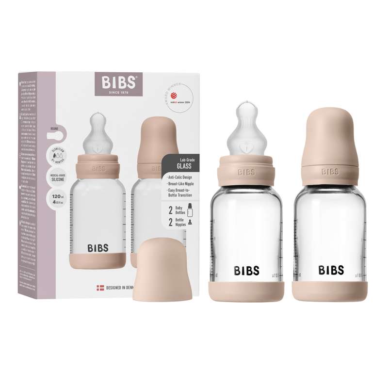 BIBS Flaska - nappflaskset - glas - 2-pack - silikon/slow flow/rund - 120 ml - blush 