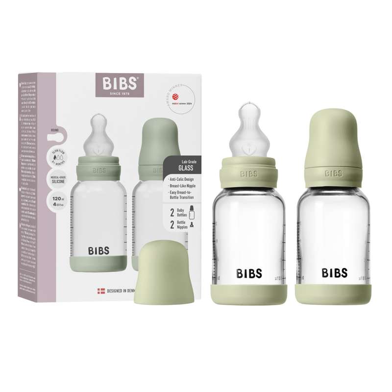BIBS Flaska - Nappflaskeset - Glas - 2-pack - Silikon/Slow Flow/Rund - 120 ml - Sage 