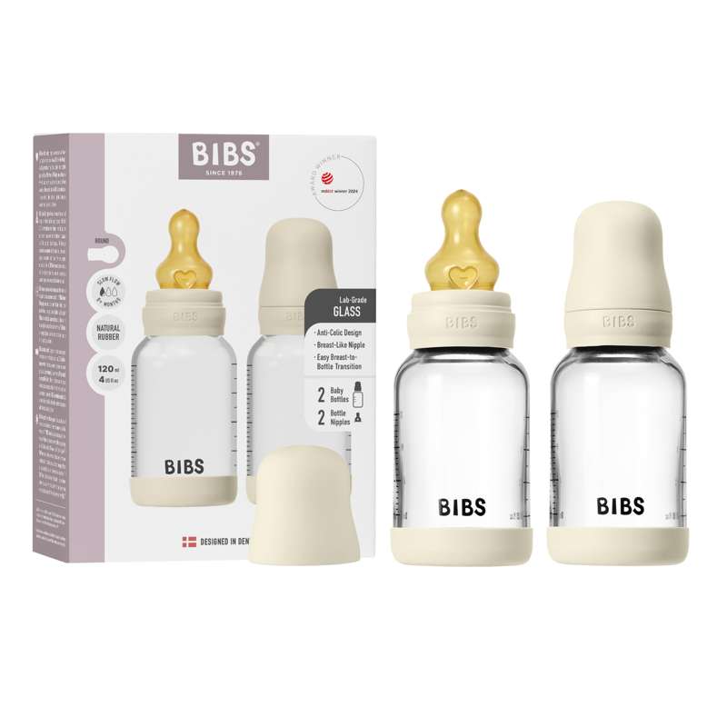 BIBS Bottle - Flaska-set - Glas - 2-pack - naturgummi/Slow Flow/Rund - 120 ml - Ivory 