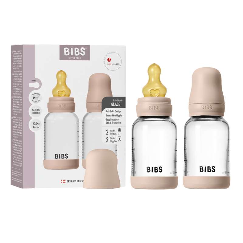 BIBS Flaska - Nappflaskset - Glas - 2-pack - naturgummi/Slow Flow/Rund - 120 ml - Blush 