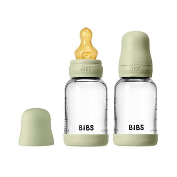 BIBS Flaska - nappflaskset - glas - 2-pack - naturgummi/Slow Flow/Rund - 120 ml - Sage 