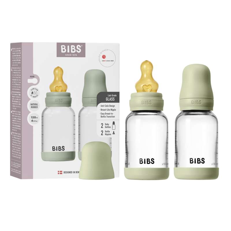 BIBS Flaska - nappflaskset - glas - 2-pack - naturgummi/Slow Flow/Rund - 120 ml - Sage 
