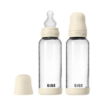 BIBS Bottle - Nappflaskeset - Glas - 2-pack - Silikon/Slow Flow/Rund - 240ml - Ivory 