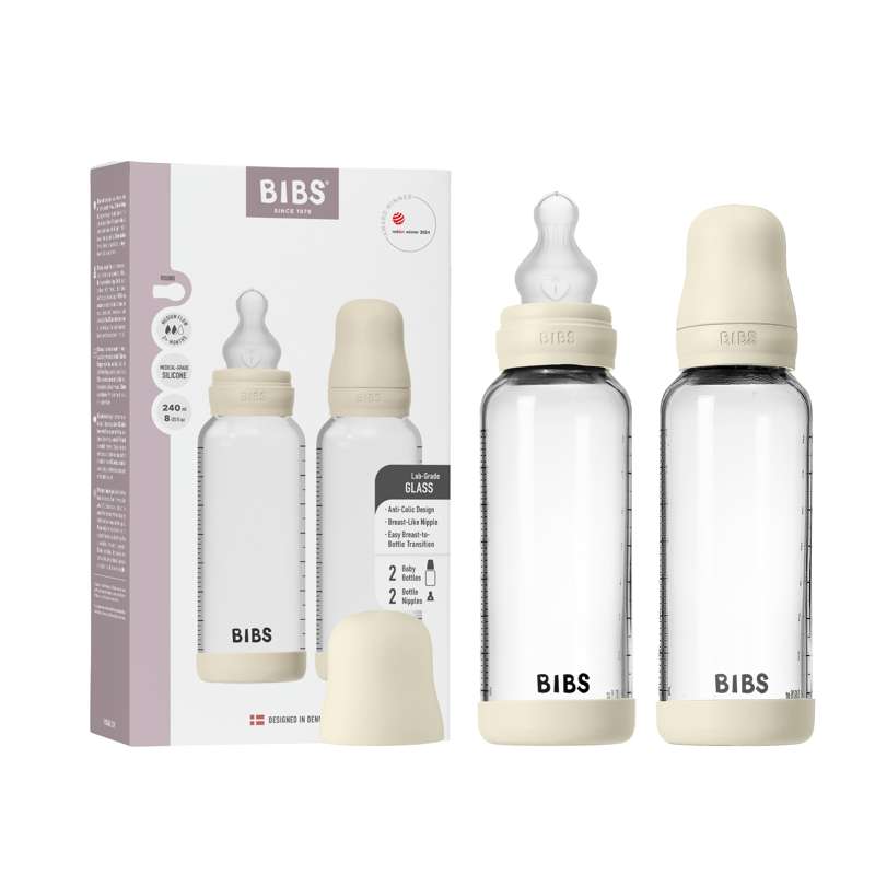 BIBS Bottle - Nappflaskeset - Glas - 2-pack - Silikon/Slow Flow/Rund - 240ml - Ivory 