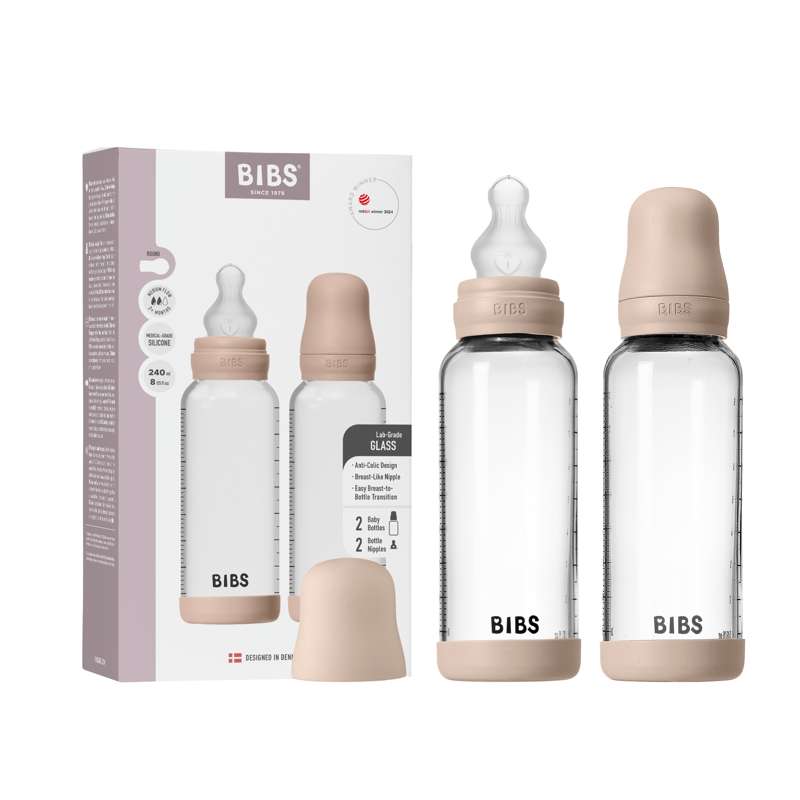 BIBS Flaska - Flaskset för nappflaska - Glas - 2-pack - Silikon/Långsam flöde/Rund - 240 ml - Blush 