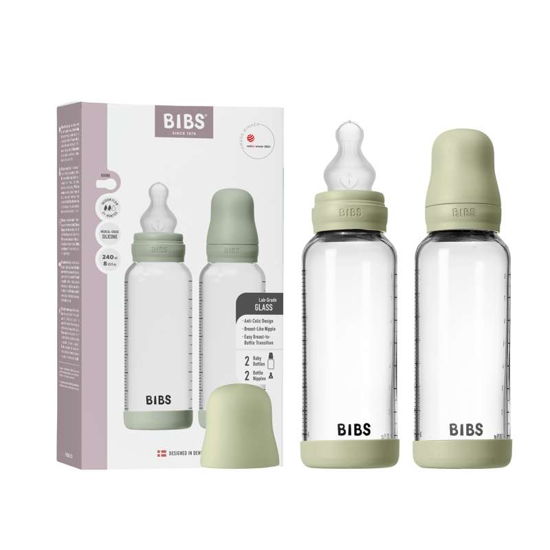 BIBS Bottle - Nappflaskset - Glas - 2-pack - Silikon/Slow Flow/Rund - 240ml - Sage 
