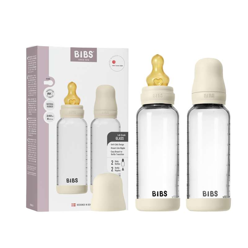 BIBS Bottle - Nappflasksset - Glas - 2-pack - naturgummi/Slow Flow/Rund - 240ml - Ivory 