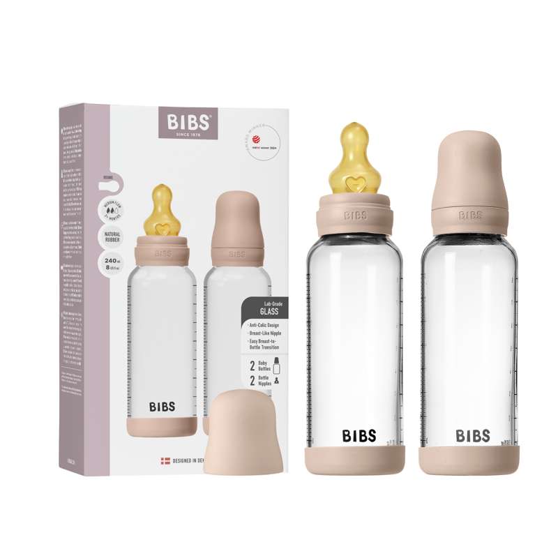 BIBS Bottle - Flaskset för nappflaskor - Glas - 2-pack - naturgummi/Slow Flow/Rund - 240ml - Blush 