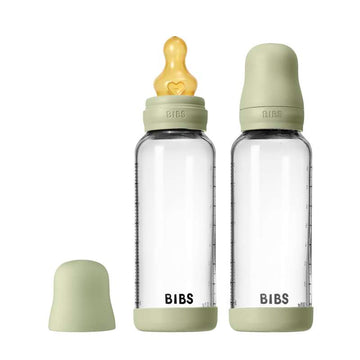 BIBS Flaska - Flaskset för nappflaska - Glas - 2-pack - naturgummi/Slow Flow/Rund - 240 ml - Sage 