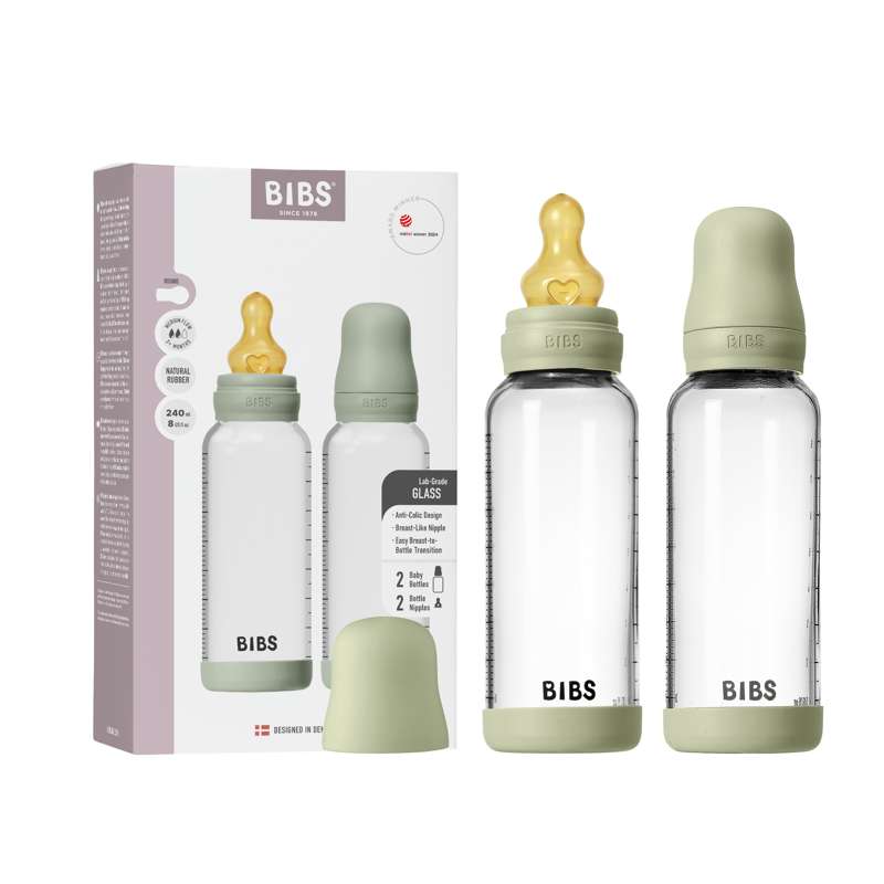 BIBS Flaska - Flaskset för nappflaska - Glas - 2-pack - naturgummi/Slow Flow/Rund - 240 ml - Sage 