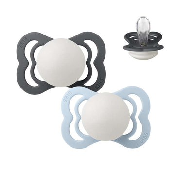 BIBS Symmetrisk Supreme-napp - 2-pack - strl. 1 - Silikon - GLOW - Iron/Baby Blue 