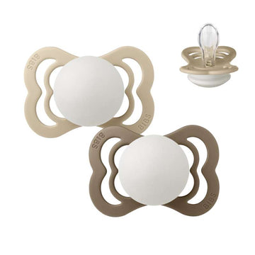 BIBS Symmetrisk Supreme napp - 2-pack - strl. 1 - Silikon - GLOW - Vanilla/Dark Oak 