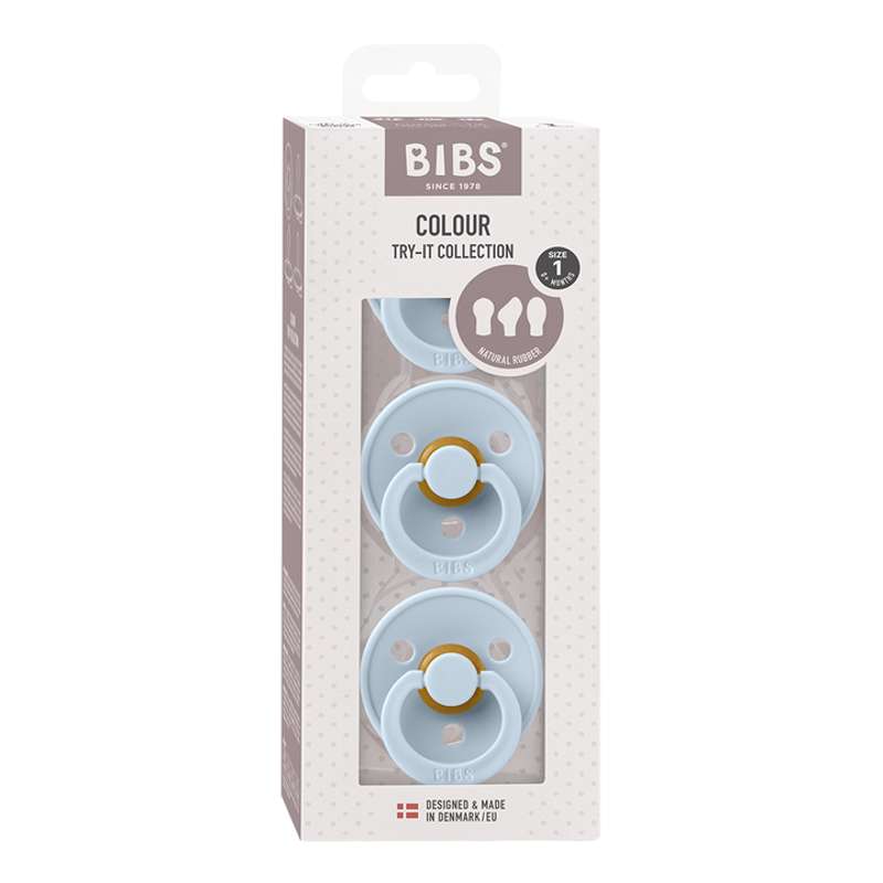 BIBS Try-It Collection - 3 Olika Nappar - Colour - Stl. 1 - Baby Blue