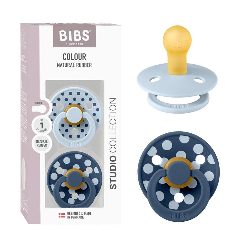 BIBS Rund Colour-napp - 2-pack - strl. 1 - naturgummi - Polka Studio - Baby Blue/Steel Blue 