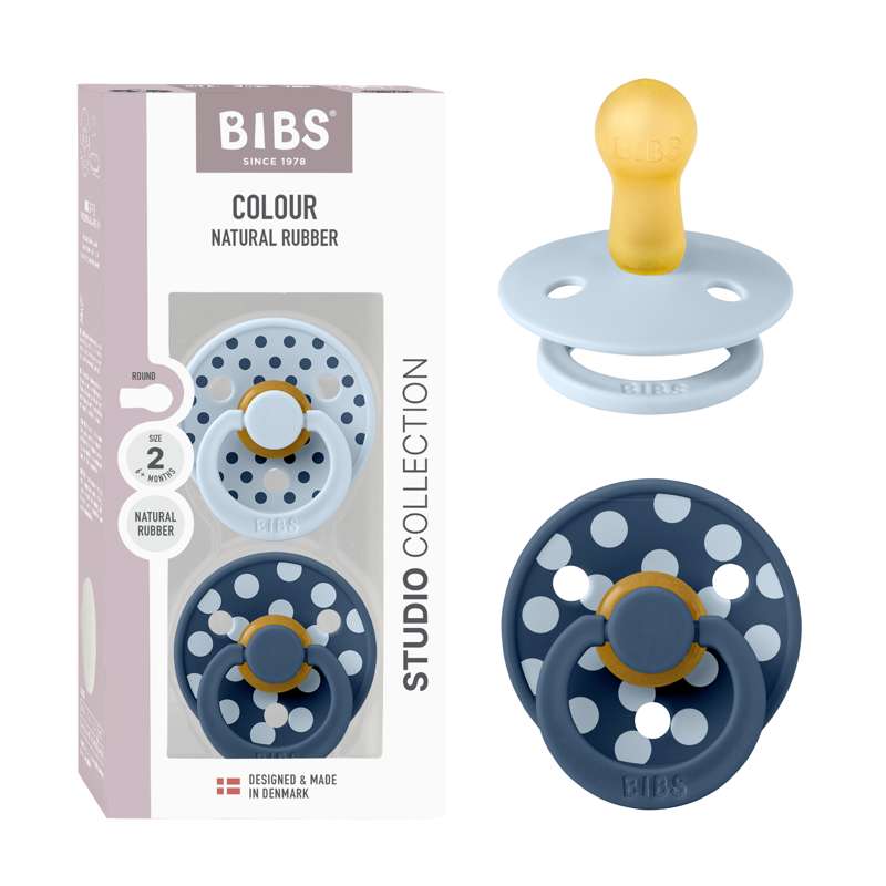 BIBS Rund Colour-napp - 2-pack - strl. 2 - naturgummi - Polka Studio - Babyblå/Stålblå 