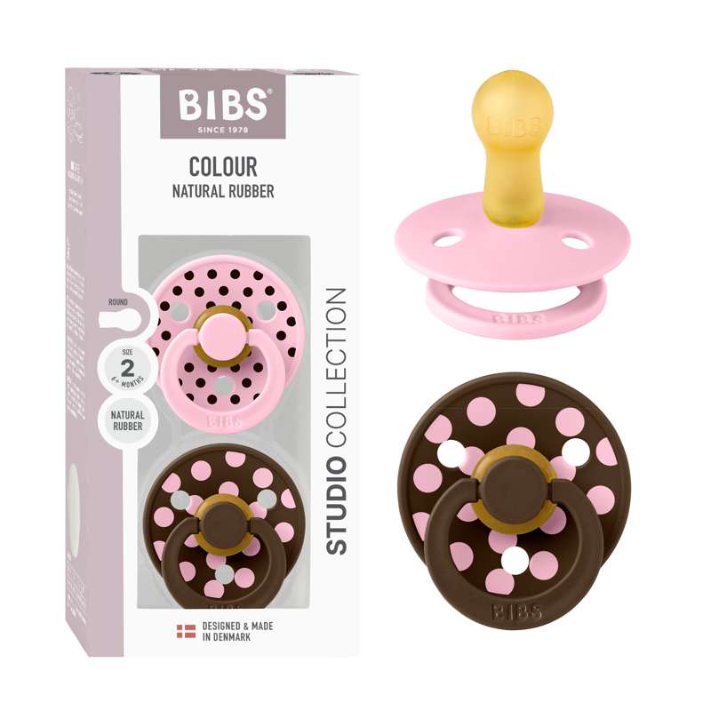 BIBS Rund Colour Sut - 2-pack - strl. 2 - naturgummi - Polka Studio - Baby Pink/Mocha 