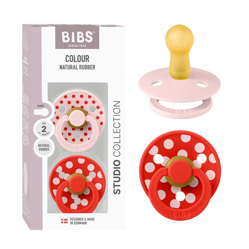 BIBS Rund Colour Sut - 2-Pack - strl. 2 - naturgummi - Polka Studio - Blossom/Candy Apple 