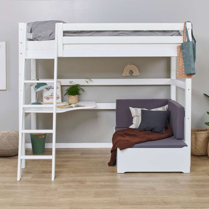 Hoppekids ECO Luxury - MEGA Seng m. Lounge Modul og Bordplade - 90x200 cm. - Skrå Stige - Fleksibel Indlægsbund - Hvid