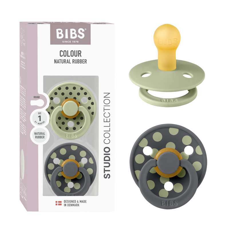 BIBS Rund Color Napp - 2-pack - strl. 1 - naturgummi - Polka Studio - Sage/Iron 