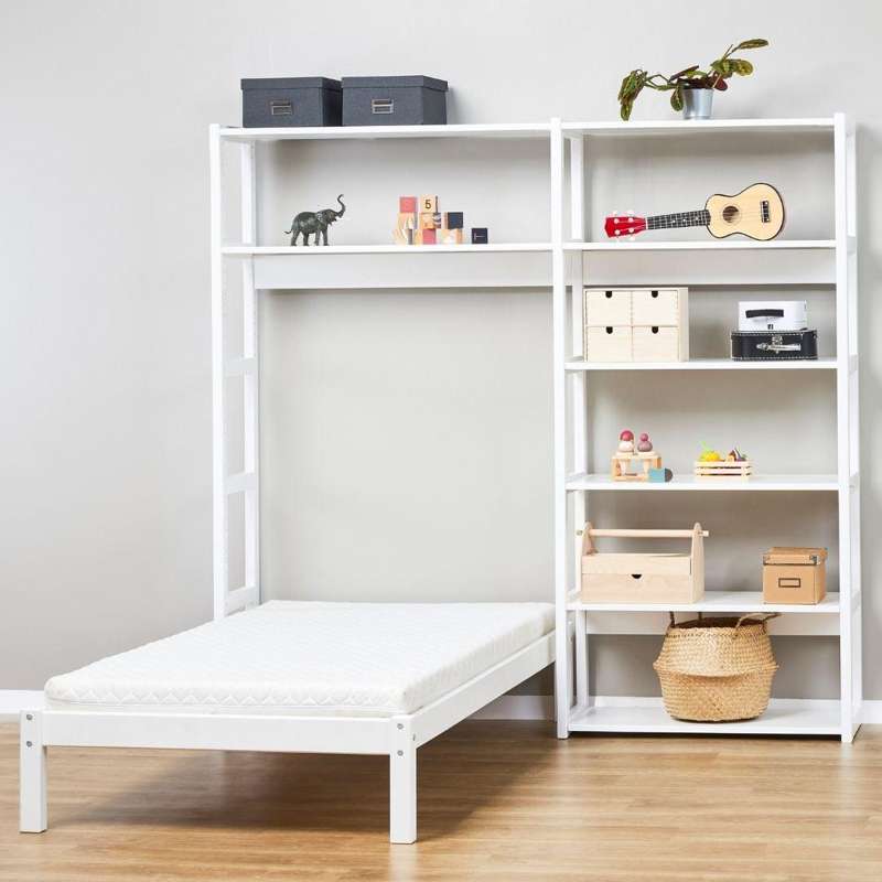 Hoppekids STOREY - Reol - 2 Sektioner m. 4 Hylder - Skriveplade og Seng - Flere Størrelser - Hvid
